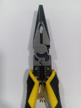 TNI-U TU318DY Noze plair Price - a close-up of the yellow and black handled long-nose pliers showing the wire stripping holes and cutting blades.