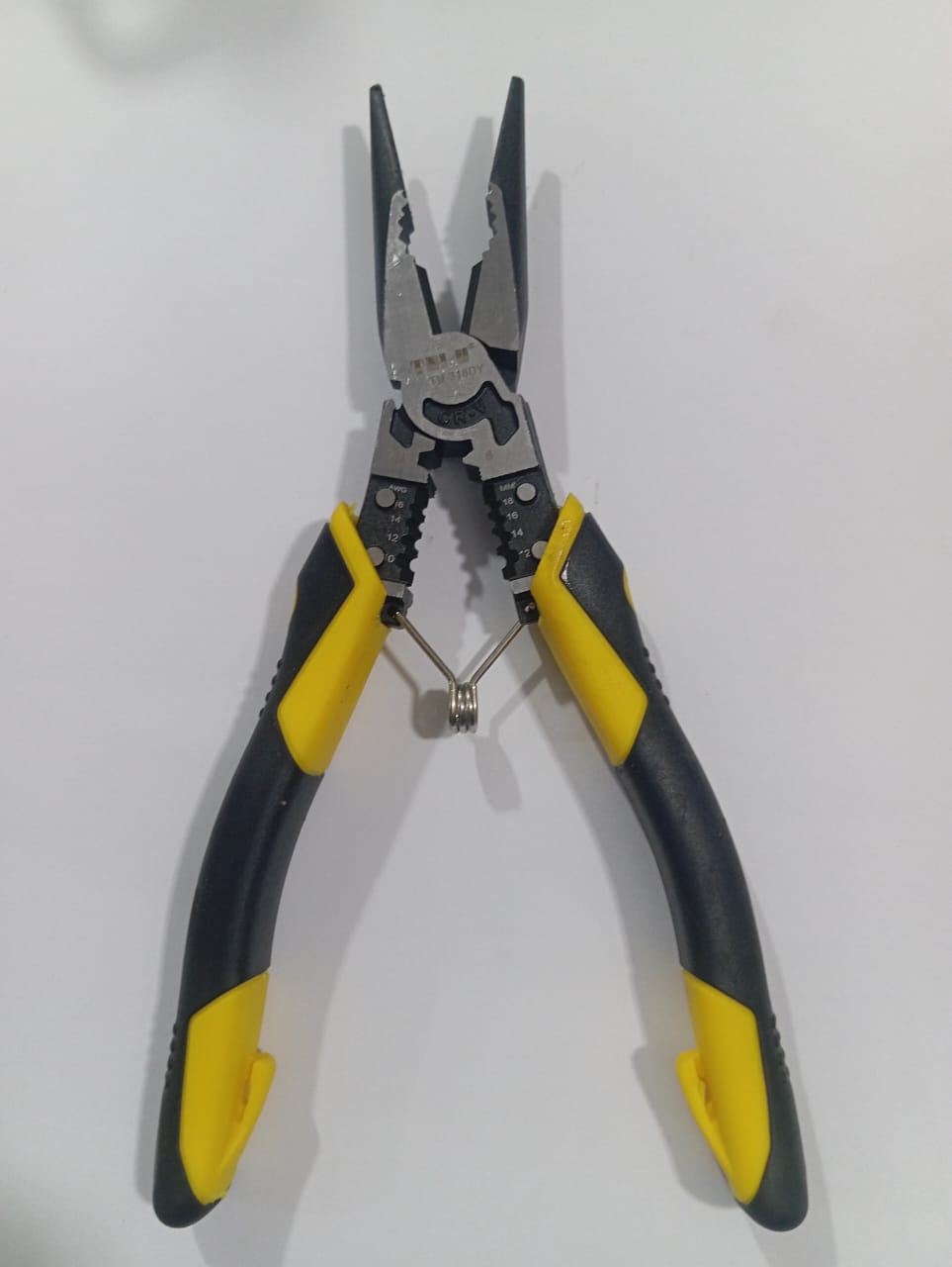 TNI-U TU318DY Noze plair Price - a yellow and black multi-functional wire stripping plier with a spring-loaded handle, shown against a plain white background.