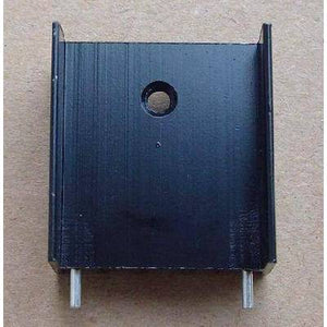 TO3P Black And Silver Heat Sink - shown as a black, U-shaped metal heatsink with a central mounting hole and two silver pins at the bottom.