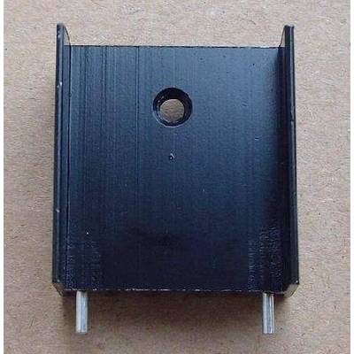 TO3P Black And Silver Heat Sink - shown as a black, U-shaped metal heatsink with a central mounting hole and two silver pins at the bottom.