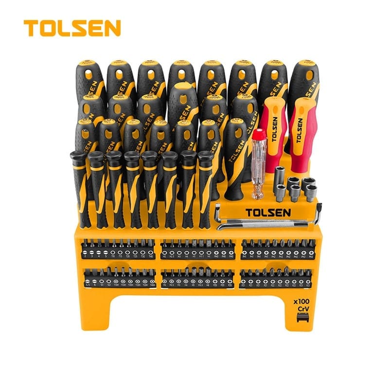 Tolsen 20185 100 pcs screwdriver set laid out on its plastic display stand with full-size drivers, precision drivers, ratchet handle, bits and nut sockets