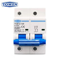 Tomzn 2P DC MCB Circuit Breaker (125A/100A) - a white two-pole electrical switch with blue toggles, terminal screws, and technical specifications printed on the front.