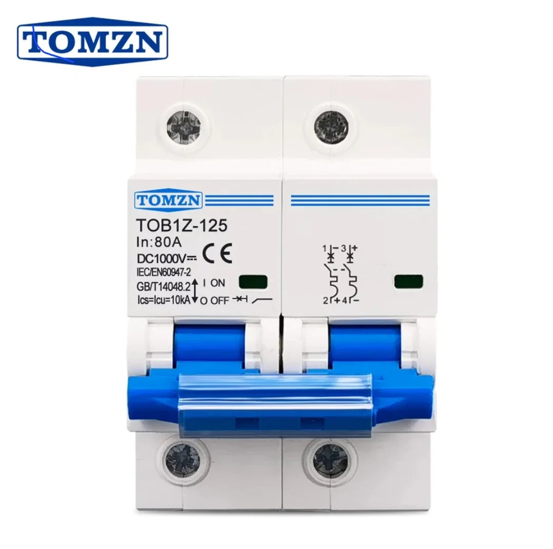 Tomzn 2P DC MCB Circuit Breaker (125A/100A) - a white two-pole electrical switch with blue toggles, terminal screws, and technical specifications printed on the front.