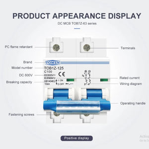 Tomzn 2P DC MCB Circuit Breaker (125A/100A) - a white housing, blue operating handle, terminals, fastening screws, and technical specifications printed on front.