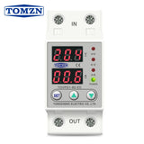 Tomzn 63A, 220V, Auto Cutoff & Reset – Best for Home & Industrial Safety Adjustable Over & Under Voltage Protective Device TOVPD1 - a white, rail-mounted unit with two red digital displays, three control buttons, and four status indicator lights.