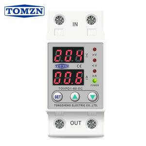 Tomzn 63A, 220V, Auto Cutoff & Reset – Best for Home & Industrial Safety Adjustable Over & Under Voltage Protective Device TOVPD1 - a white, rail-mounted unit with two red digital displays, three control buttons, and four status indicator lights.