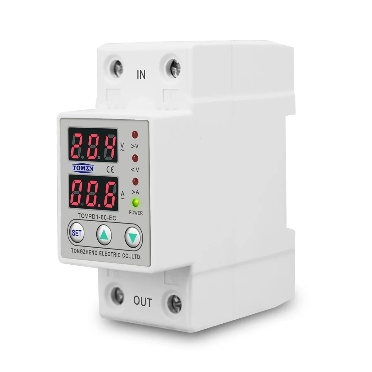 Tomzn 63A, 220V, Auto Cutoff & Reset – Best for Home & Industrial Safety Adjustable Over & Under Voltage Protective Device TOVPD1 - a white DIN-rail mount unit with two digital displays, four indicator lights, and three control buttons.