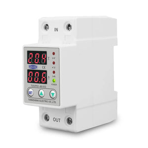 Tomzn 63A, 220V, Auto Cutoff & Reset – Best for Home & Industrial Safety Adjustable Over & Under Voltage Protective Device TOVPD1 - a white DIN-rail mount unit with two digital displays, four indicator lights, and three control buttons.