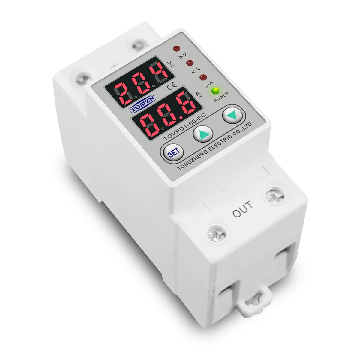 Tomzn 63A, 220V, Auto Cutoff & Reset – Best for Home & Industrial Safety Adjustable Over & Under Voltage Protective Device TOVPD1 - a white, rectangular modular unit featuring two digital displays, three buttons, and five indicator lights.