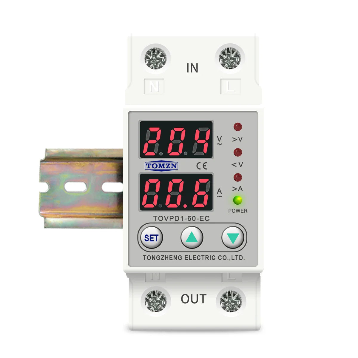 Tomzn 63A, 220V, Auto Cutoff & Reset – Best for Home & Industrial Safety Adjustable Over & Under Voltage Protective Device TOVPD1 - Tomzn TOVPD1-60-EC voltage protector is a white modular device with two digital displays, three control buttons, indicator lights, and a DIN rail mount.