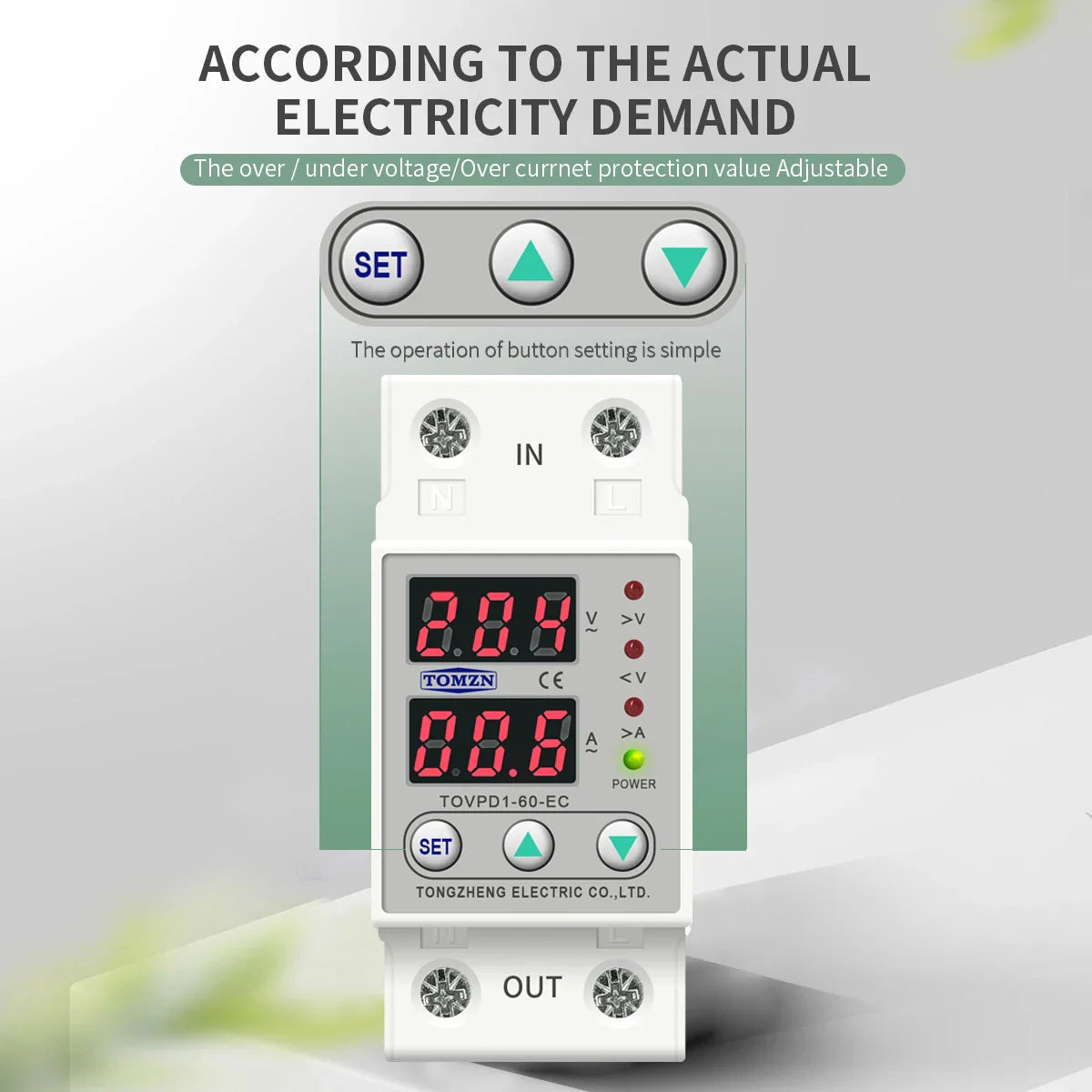 Tomzn 63A, 220V, Auto Cutoff & Reset – Best for Home & Industrial Safety Adjustable Over & Under Voltage Protective Device TOVPD1 - a white modular unit with two digital displays, indicator lights, and three control buttons on the front face.