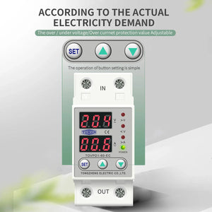 Tomzn 63A, 220V, Auto Cutoff & Reset – Best for Home & Industrial Safety Adjustable Over & Under Voltage Protective Device TOVPD1 - a white modular unit with two digital displays, indicator lights, and three control buttons on the front face.