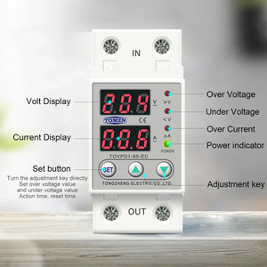 Tomzn 63A, 220V, Auto Cutoff & Reset – Best for Home & Industrial Safety Adjustable Over & Under Voltage Protective Device TOVPD1 - a white modular unit with two red digital displays, three buttons, and LED status indicators.