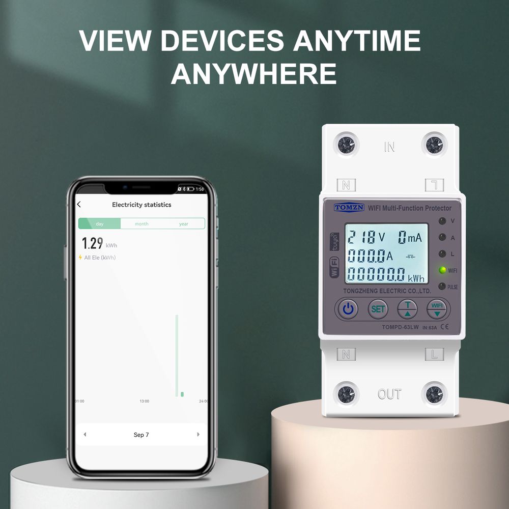 Tomzn 63A WiFi Smart Switch Tuya Energy Meter kWh Metering Circuit Breaker Timer With Voltage Current And Leakage Protection - a white DIN-rail circuit breaker with a digital display reading 218V and 0mA alongside a smartphone app interface.