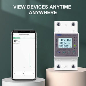 Tomzn 63A WiFi Smart Switch Tuya Energy Meter kWh Metering Circuit Breaker Timer With Voltage Current And Leakage Protection - a white DIN-rail circuit breaker with a digital display reading 218V and 0mA alongside a smartphone app interface.