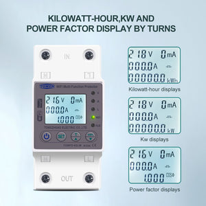 Tomzn 63A WiFi Smart Switch Tuya Energy Meter kWh Metering Circuit Breaker Timer With Voltage Current And Leakage Protection - the white device with a digital display, buttons, and three diagrams illustrating its voltage, current, and power modes.