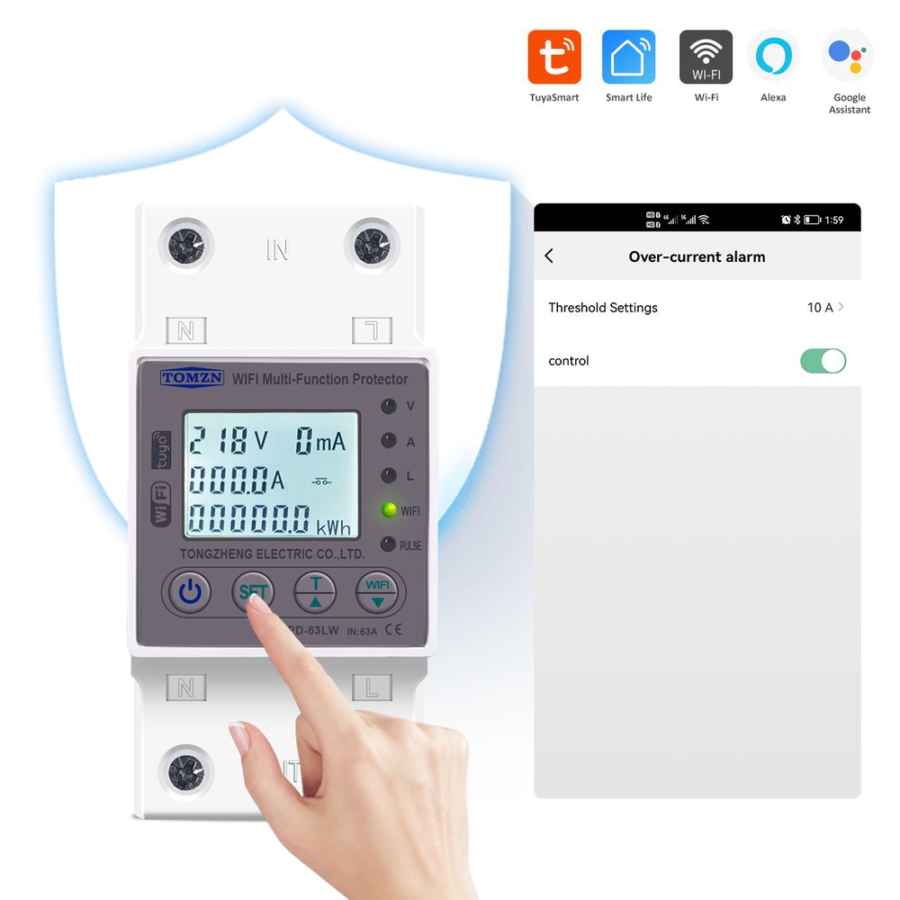 Tomzn 63A WiFi Smart Switch Tuya Energy Meter kWh Metering Circuit Breaker Timer With Voltage Current And Leakage Protection - a white digital meter with a screen displaying 218V and 0mA, plus a smartphone screen showing alarm settings.