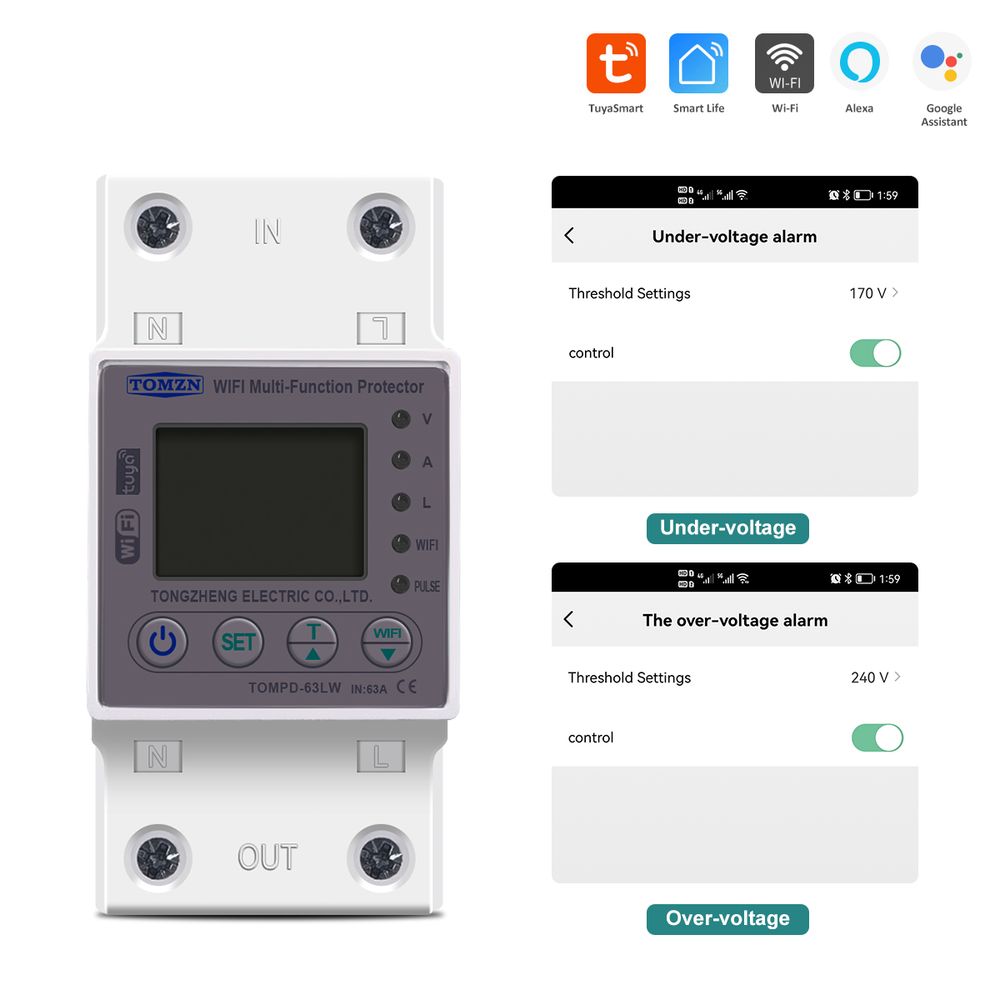 Tomzn 63A WiFi Smart Switch Tuya Energy Meter kWh Metering Circuit Breaker Timer With Voltage Current And Leakage Protection - the white DIN-rail device with a digital display and app screenshots for under-voltage and over-voltage alarm settings.