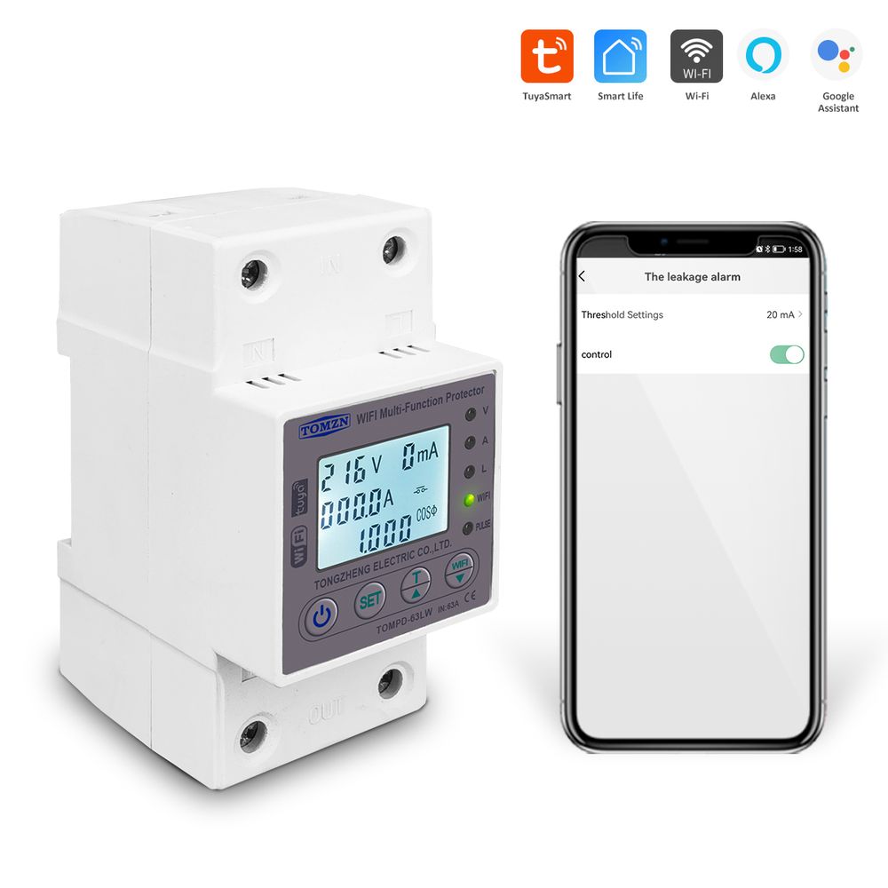 Tomzn 63A WiFi Smart Switch Tuya Energy Meter kWh Metering Circuit Breaker Timer With Voltage Current And Leakage Protection - a white DIN-rail device with an LCD displaying voltage and current next to a smartphone screen with leakage settings.