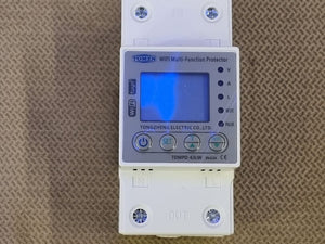 Tomzn 63A WiFi Smart Switch Tuya Energy Meter kWh Metering Circuit Breaker Timer With Voltage Current And Leakage Protection - Multi-Function Protector, a white, rectangular modular circuit breaker with a blue-lit digital display, four buttons, and terminal ports.
