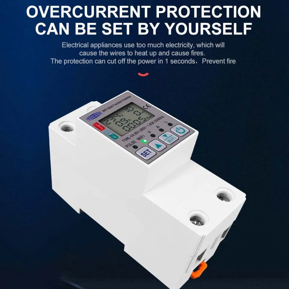 Tomzn Toml-va 63 WiFi Breaker Meter Switch Voltage Protector Timer Tuya Smart Life Measure v a Kw kWh Leak Electric Leakage Electric Suction - a white, modular electrical device with a digital display showing voltage, current, and energy readings and front buttons.
