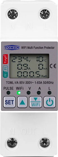 Tomzn Toml-va 63 WiFi Breaker Meter Switch Voltage Protector Timer Tuya Smart Life Measure v a Kw kWh Leak Electric Leakage Electric Suction - a white, rail-mounted device with a digital display showing 234V, 0.9A, 10°C, 0mA, and 000.5 kWh with control buttons.