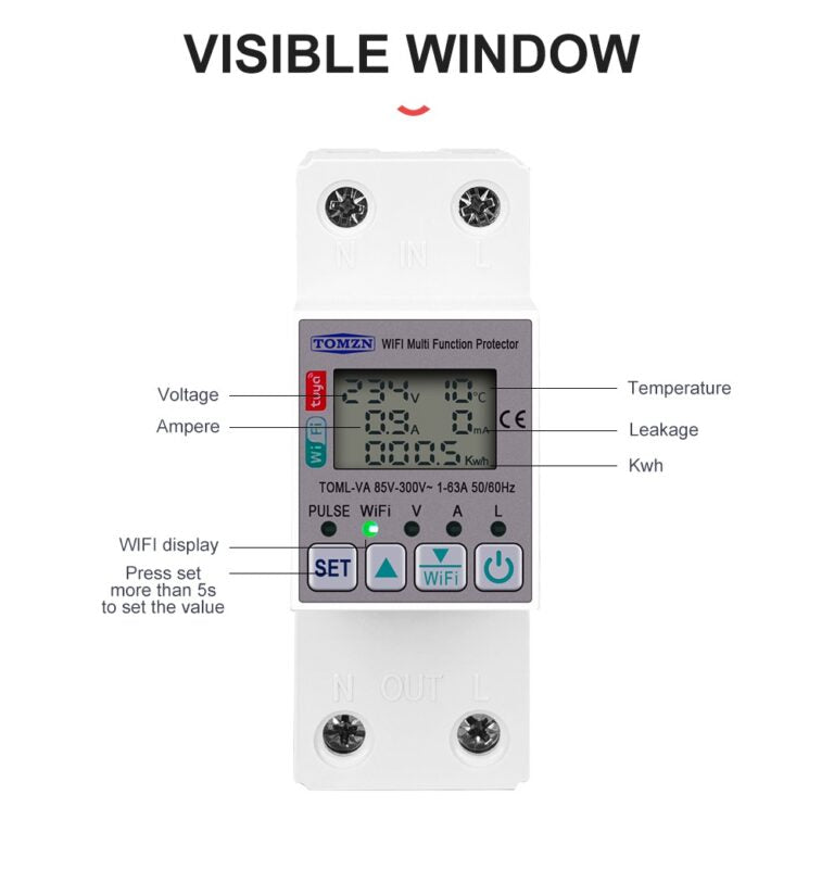 Tomzn Toml-va 63 WiFi Breaker Meter Switch Voltage Protector Timer Tuya Smart Life Measure v a Kw kWh Leak Electric Leakage Electric Suction - a white DIN-rail device with a digital display, four buttons, and labels for voltage, temperature, and current.