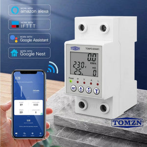 TOMZN TOMPD-63 WiFi Earth Leakage Smart Circuit Breaker - with a digital display showing 230V and 2.5A, next to a smartphone app interface and smart home logos.