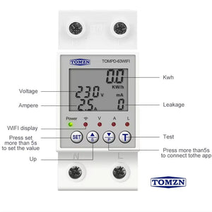 TOMZN TOMPD-63 WiFi Earth Leakage Smart Circuit Breaker - a white modular device with a digital display, indicator lights, and four labeled control buttons.
