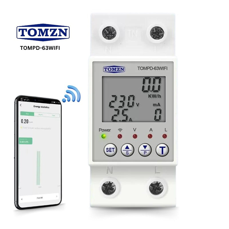 TOMZN TOMPD-63 WiFi Earth Leakage Smart Circuit Breaker - a white DIN-rail device with a digital display showing 230V and 2.5A, next to a smartphone showing energy data.