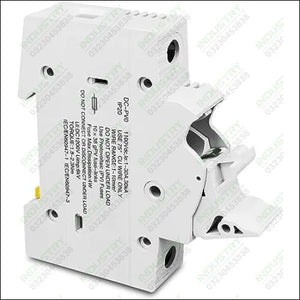 TOMZN TOPV-32X DC 1100V PV Fuses for Solar System Protection - a white modular DIN-rail device with an open hinged lever and printed technical specifications on its side.