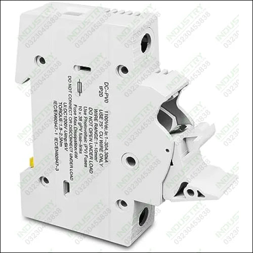 TOMZN TOPV-32X DC 1100V PV Fuses for Solar System Protection - a white modular DIN-rail device with an open hinged lever and printed technical specifications on its side.
