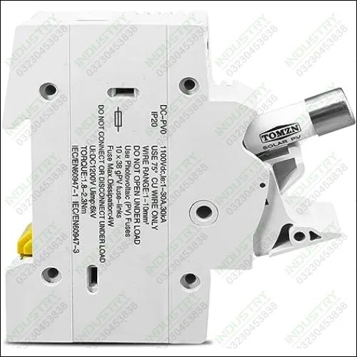 TOMZN TOPV-32X DC 1100V PV Fuses for Solar System Protection - a white modular device with a hinged fuse carrier and printed technical specifications on the side casing.