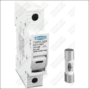 TOMZN TOPV-32X DC 1100V PV Fuses for Solar System Protection - holder in white plastic with a hinged front cover, shown alongside one cylindrical solar fuse.