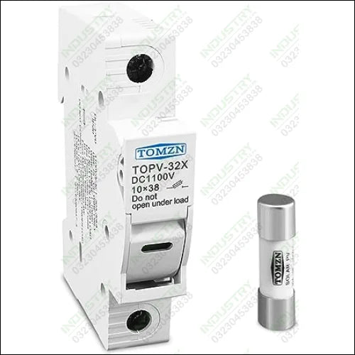 TOMZN TOPV-32X DC 1100V PV Fuses for Solar System Protection - holder in white plastic with a hinged front cover, shown alongside one cylindrical solar fuse.