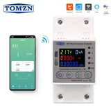 Tomzn WiFi Multi-Function Protector TOMPD-63LW 10IN1 Smart Protector - a white DIN-rail device with a digital display reading 217V, 0mA, 000.0A, and 00000.0 kWh next to a phone.