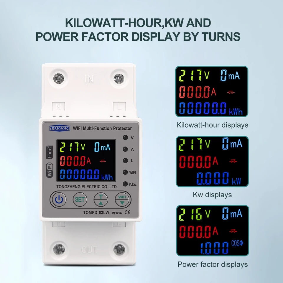 Tomzn WiFi Multi-Function Protector TOMPD-63LW 10IN1 Smart Protector - the white device with a digital display, buttons, and three screen examples of voltage and power data.