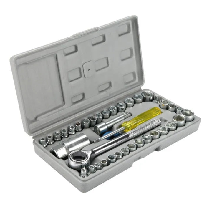 Toolkit Tool kit Combination Socket Ratchet Wrench Set - shown in an open grey plastic carrying case with various metal sockets, a ratchet, and a handle.