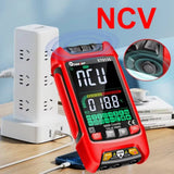 TOOLTOP ET8135 Colour Screen Multimeter - red meter showing NCV on its colour display beside a power strip