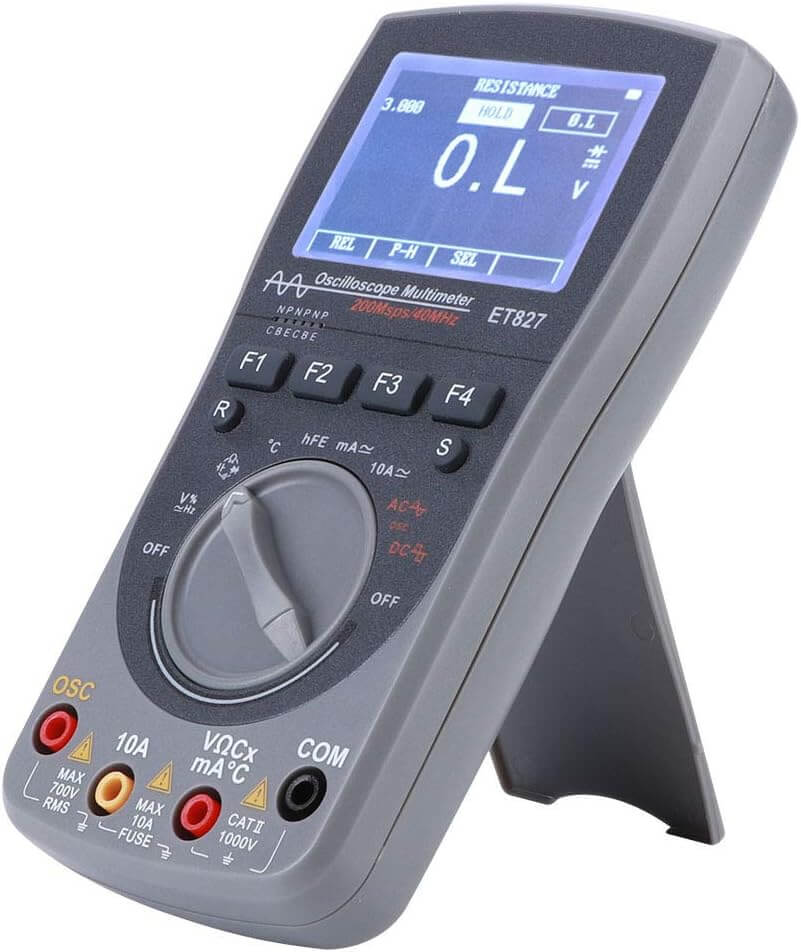 TOOLTOP ET827 Oscilloscope Multimeter - grey handheld scope meter with colour screen and rotary dial on a kickstand