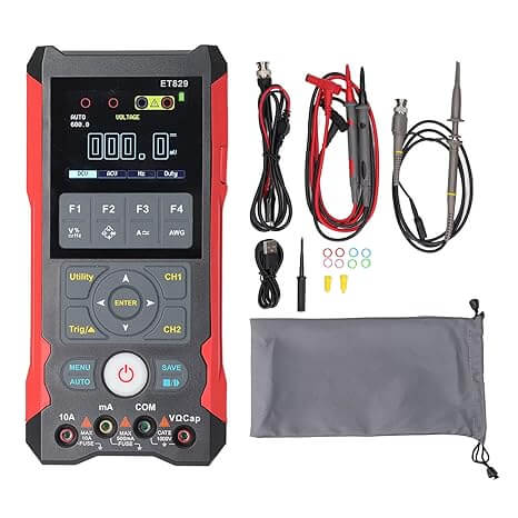 TOOLTOP ET829 3-in-1 Handheld Oscilloscope - red and black scope meter with probes, test leads and carry pouch