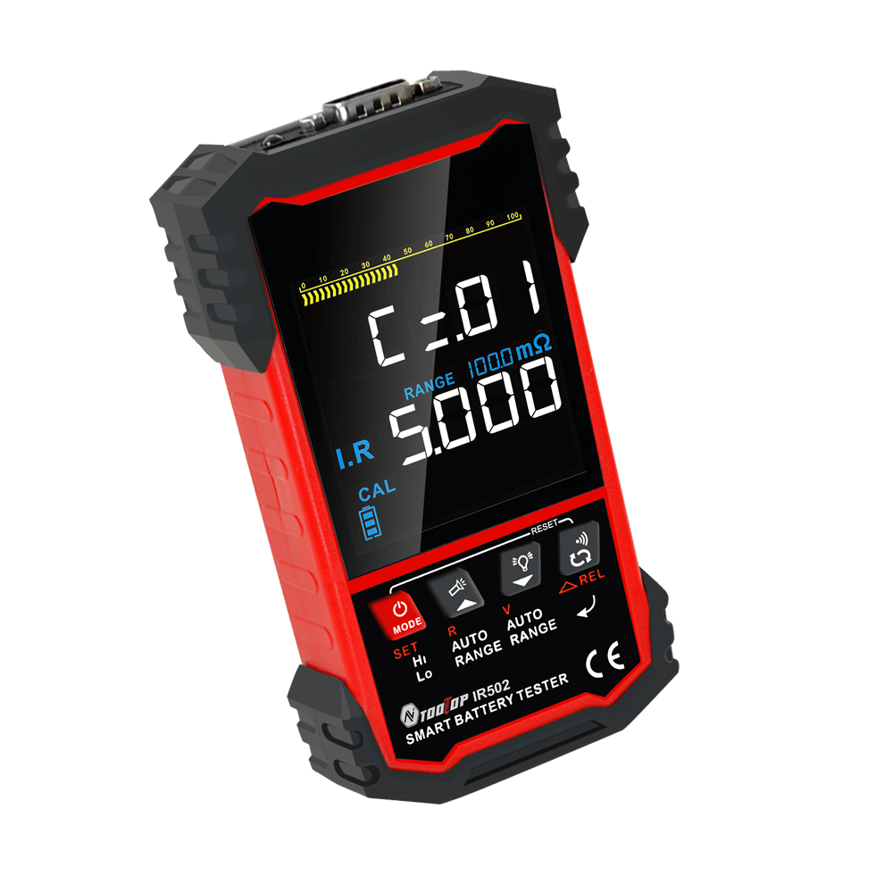 TOOLTOP IR502 Battery Internal Resistance Tester - red and black smart battery tester showing internal resistance and voltage