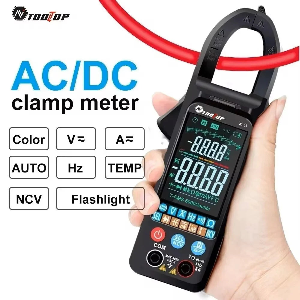TOOLTOP X5 Smart AC DC Clamp Meter - black clamp meter held in hand with colour three-line display
