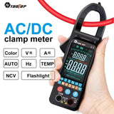 TOOLTOP X5 Smart AC DC Clamp Meter - black clamp meter held in hand with colour three-line display