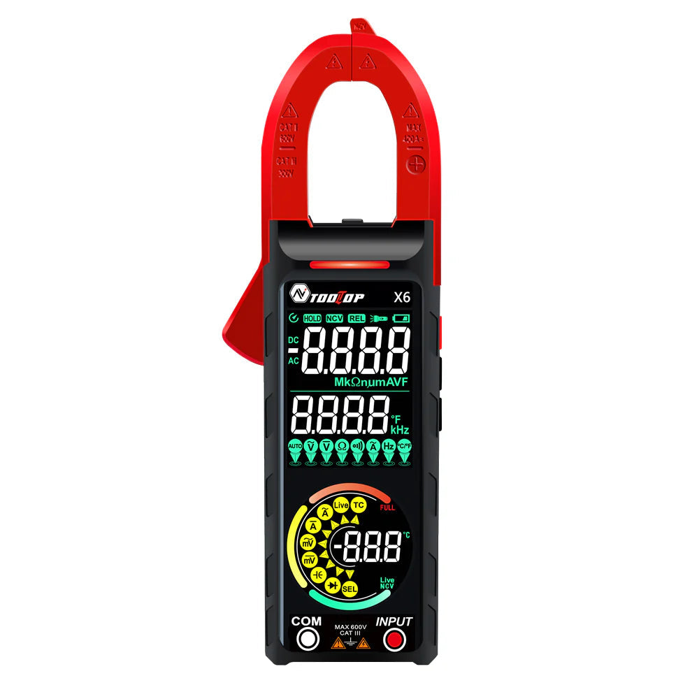 TOOLTOP X6 Smart AC DC Clamp Meter - red jaw clamp meter with colour dual display and coloured function ring