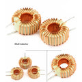 Toroid Inductor 22UH TC5026-220M 4A - shown as multiple copper wire coils wound around light green toroidal cores with two straight metal leads each.