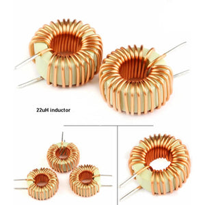 Toroid Inductor 22UH TC5026-220M 4A - shown as multiple copper wire coils wound around light green toroidal cores with two straight metal leads each.