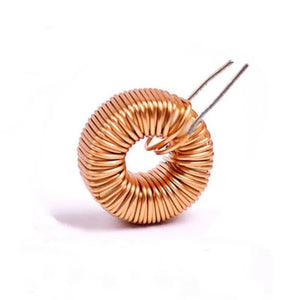 Toroid Inductor 22UH TC5026-220M 4A - a copper-colored wire coil wound in a circular toroid shape with two straight wire leads extending from the top.