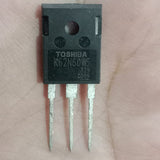 Toshiba K62N60W5 Power MOSFET - a black, rectangular electronic component with three metal pins, held against a person's palm.