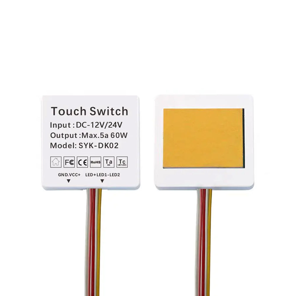 Touch Switch 12V 5A 60W Capacitive Sensor 1-6mm Three Color LED Smart Inductive for Bathroom - SYK-DK02, showing the front white casing with printed specifications and the reverse side featuring a square yellow adhesive touch pad.